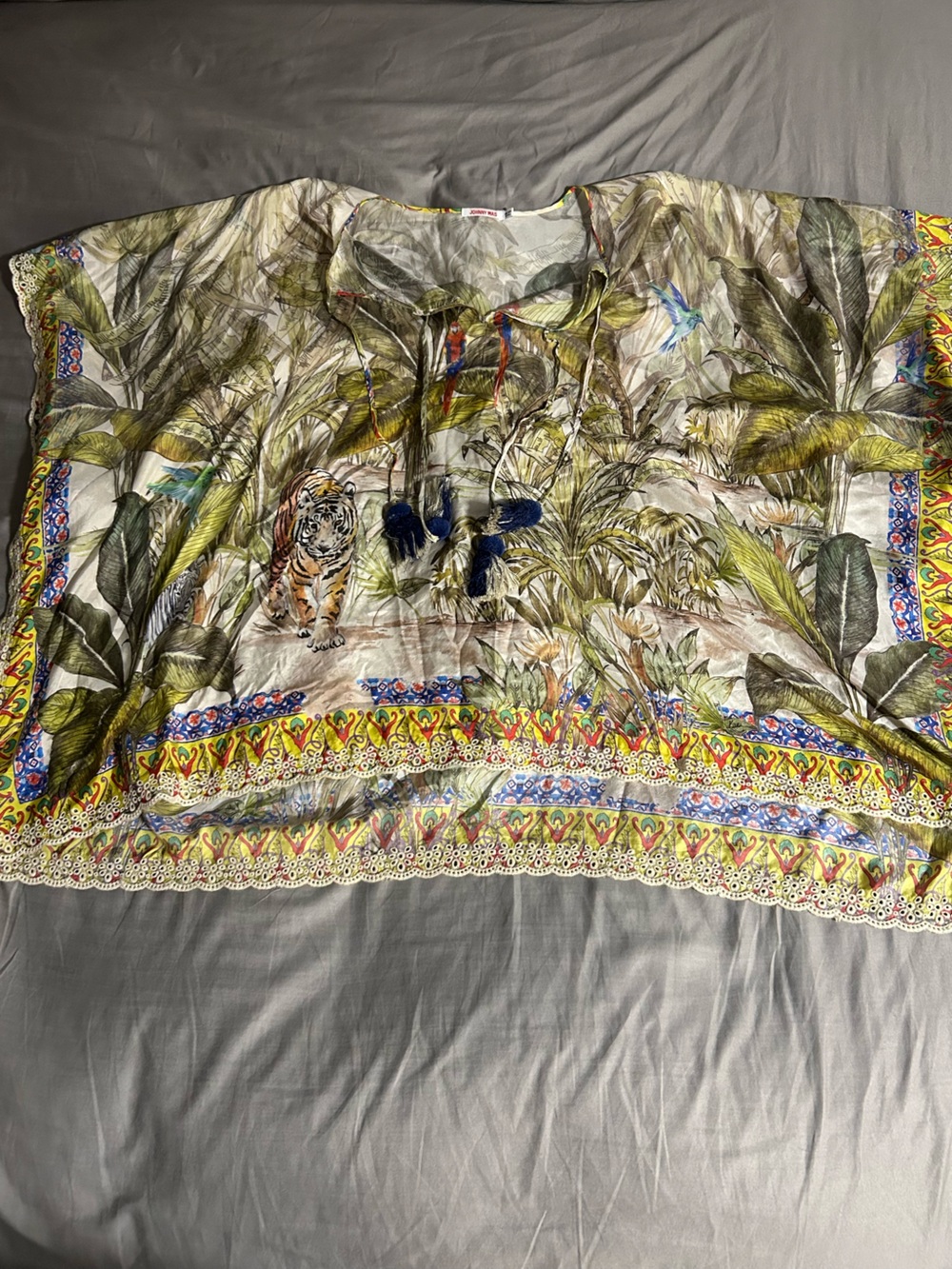 Johnny Was Everglades Top 100% Silk Poncho Tiger Jungle Print Tassels One Size